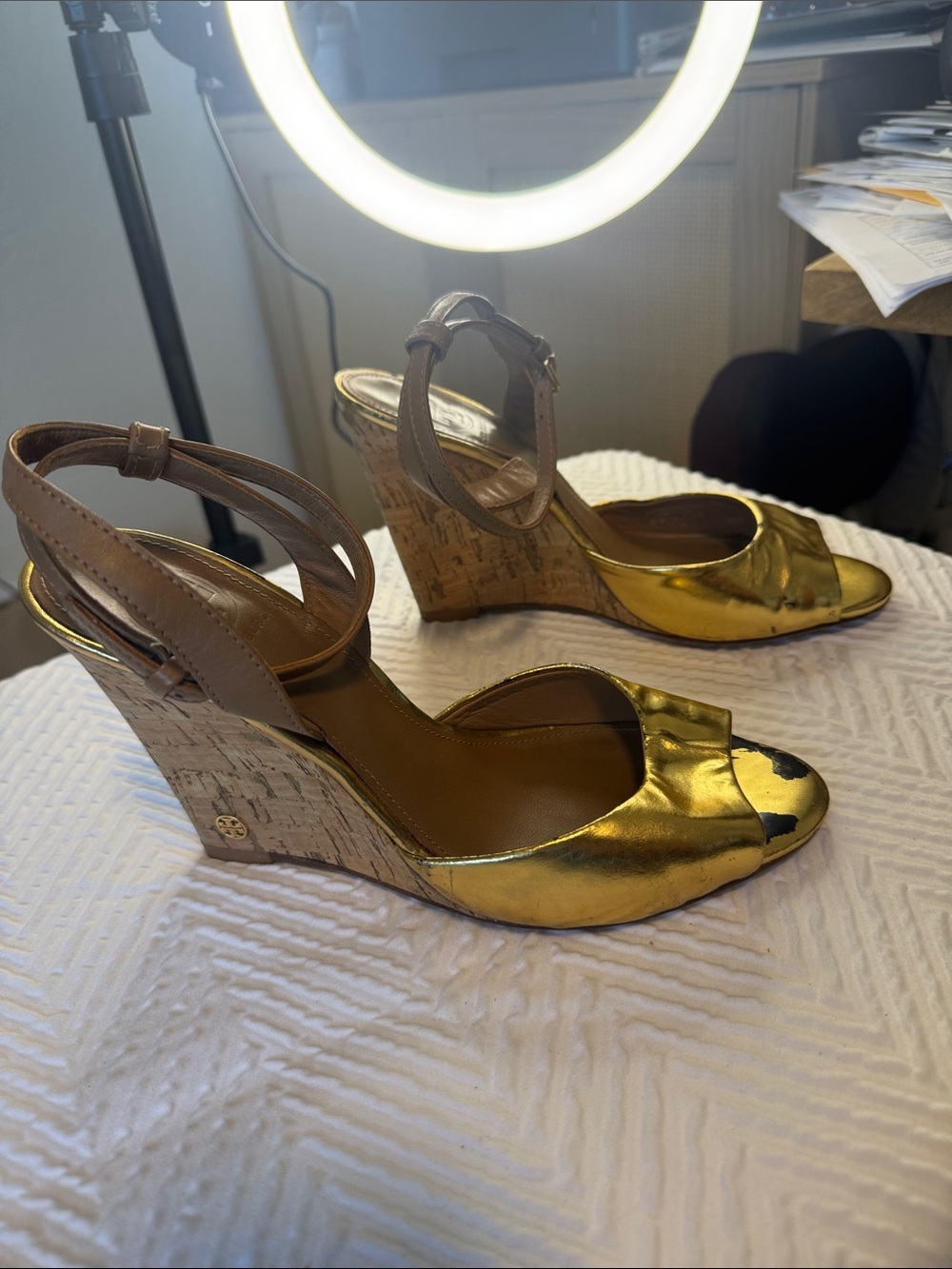 Tory Burch Metallic Gold and Tan Cork Wedge Sandals